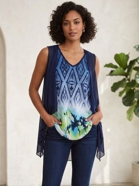 PICADILLY  Sleeveless Blouse Womens Blue & Green Patterned Sheer SZ M